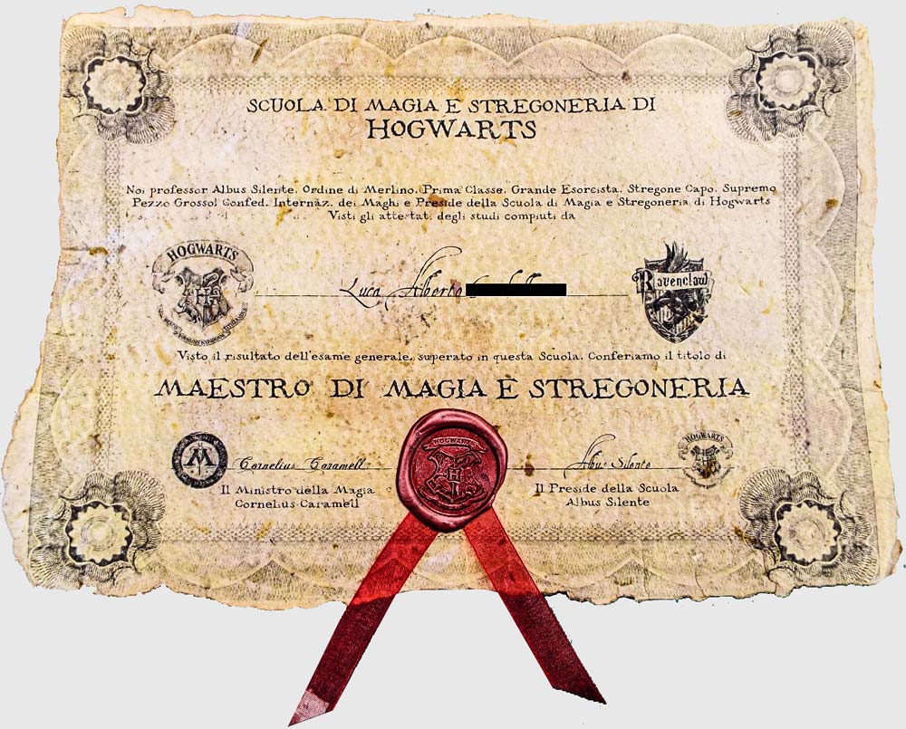 DIPLOMA DI HOGWARTS su carta auto-prodotta e anticata a mano